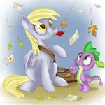  2016 bag derp_eyes dragon equine female fluttershy_(mlp) friendship_is_magic leaves letter mammal messenger_bag my_little_pony pegasus spike_(mlp) swanlullaby tongue tongue_out wings 