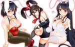  alternate_costume animal_ears arm_support black_hair black_leotard breasts brown_legwear bunny_ears bunny_tail bunnysuit collarbone commentary_request covered_navel detached_collar embarrassed fake_animal_ears from_above fusou_(kantai_collection) gradient gradient_background hair_between_eyes hairband highres kantai_collection large_breasts leotard lips looking_at_viewer mokerou multiple_girls off_shoulder pantyhose red_eyes red_leotard shigure_(kantai_collection) shiny shiny_clothes short_hair sitting spoken_blush tail wrist_cuffs yamashiro_(kantai_collection) 