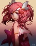  alternate_costume armlet artist_name bangs bare_shoulders bow closed_mouth expressionless from_side gradient gradient_background hair_ornament headband league_of_legends long_hair looking_at_viewer looking_back looking_to_the_side luxanna_crownguard messy_hair open_mouth pink_bow pink_hair purple_eyes red_lips school_uniform serafuku sleeveless solo songjikyo star star-shaped_pupils star_guardian_lux swept_bangs symbol-shaped_pupils 