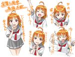  ahoge braid closed_eyes clover_hair_ornament hair_ornament hair_ribbon lourie love_live! love_live!_sunshine!! multiple_views open_eyes open_mouth orange_hair red_eyes ribbon school_uniform serafuku short_hair side_braid takami_chika translated uranohoshi_school_uniform yellow_ribbon 