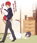  2boys baby carrying_under_arm chest_of_drawers hair_ornament hairclip multiple_boys older open_mouth saitou_kazu shokugeki_no_souma sleeping tadokoro_megumi translated yukihira_souma 