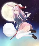  :d absurdres animal_ears ass backlighting black_footwear blazer blush bunny_ears bunny_girl christmas commentary_request flying full_body full_moon hat highres jacket lavender_hair long_hair long_sleeves looking_at_viewer looking_to_the_side moon necktie night night_sky no_panties open_mouth pink_skirt red_eyes red_neckwear reisen_udongein_inaba sack santa_hat shoes skirt sky smile solo star_(sky) starry_sky surota thighhighs touhou white_legwear 