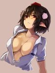  bad_id bad_twitter_id black_hair blush breasts collarbone collared_shirt hair_between_eyes hat large_breasts nuqura open_clothes pointy_ears pom_pom_(clothes) red_eyes shameimaru_aya shirt short_hair short_sleeves shy simple_background solo tokin_hat touhou unbuttoned upper_body white_shirt 
