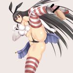  1girl ass bar_censor bare_arms bare_hips bare_shoulders black_hair breasts censored commentary_request cosplay cum disembodied_penis g-string grey_background hetero instrument kantai_collection kicking large_breasts long_hair nagato_(kantai_collection) navel panties penis pink_background red_eyes rokushiru_(muzai-p) shimakaze_(kantai_collection) shimakaze_(kantai_collection)_(cosplay) simple_background skirt skirt_removed striped striped_legwear thong underwear very_long_hair 