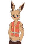  2016 alpha_channel blue_eyes blush clothing ear_piercing embarrassed frown fur lagomorph lifejacket looking_away male mammal muscular muscular_male navel pants pecs piercing rabbit repeat_(visual_novel) shirokoi simple_background sissel_(repeat) solo tan_fur tattoo transparent_background 