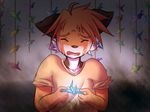  2016 aww brown_fur clothing crying fur male mammal multicolored_fur open_mouth orange_fur origami owen_(repeat) paper_crane papercraft red_panda repeat_(visual_novel) sad screencap shirokoi shirt solo solo_focus tears white_fur young 