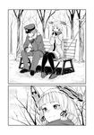  bench blush eating female_admiral_(kantai_collection) gloves greyscale hat headgear kantai_collection long_hair monochrome multiple_girls murakumo_(kantai_collection) nathaniel_pennel pantyhose peaked_cap polearm scarf sitting smile spear sweater weapon 