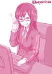  :p adjusting_eyewear chair glasses headset huyumitsu keyboard_(computer) looking_at_viewer military military_uniform necktie sitting solo sparkle tongue tongue_out twitter_username uniform usami_shiori world_trigger 