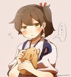  animal blush brown_hair bunny commentary flying_sweatdrops hair_ribbon ina_(1813576) japanese_clothes kaga_(kantai_collection) kantai_collection long_hair red_ribbon ribbon side_ponytail simple_background solo tasuki translated twitter_username upper_body 