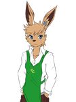  2016 alpha_channel apron blue_eyes clothing ear_piercing frown fur lagomorph looking_at_viewer male mammal pants pecs piercing rabbit repeat_(visual_novel) shirokoi shirt simple_background sissel_(repeat) solo tan_fur transparent_background 