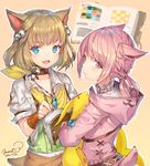  2girls :&lt; animal_ears bell belt blonde_hair blue_eyes book bracer braid carbuncle_(final_fantasy) cat_ears collar dated fang final_fantasy final_fantasy_xiv hair_bell hair_ornament holding hood jewelry khloe_aliapoh looking_at_viewer miqo'te momoko_(momopoco) multiple_girls necklace open_book open_mouth pen pink_eyes pink_hair signature slit_pupils t'kebbe tail yellow_background 