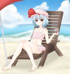  alternate_costume bad_id bad_pixiv_id bare_arms bare_legs bare_shoulders barefoot beach beach_chair beach_umbrella bikini blue_hair blush closed_mouth cloud cloudy_sky collarbone commentary_request cup day drinking_glass flat_chest full_body hat hat_ribbon highres holding holding_cup knees_together_feet_apart layered_bikini looking_at_viewer mob_cap navel outdoors pink_bikini red_eyes red_ribbon remilia_scarlet ribbon short_hair sitting sky smile solo stomach surota swimsuit touhou umbrella wine_glass 