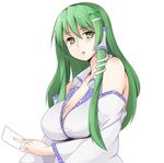  :o bangs bare_shoulders blush breasts cleavage commentary_request detached_sleeves frog_hair_ornament from_side green_eyes green_hair hair_ornament hair_tubes japanese_clothes kochiya_sanae large_breasts long_hair long_sleeves looking_at_viewer miko ofuda shirt sidelocks snake_hair_ornament solo surota touhou triangle_mouth upper_body white_background white_shirt wide_sleeves 