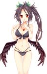  :o ass_visible_through_thighs bare_legs bikini black_bikini black_hair black_wings blush bow breasts cleavage collarbone eyebrows eyebrows_visible_through_hair front-tie_bikini front-tie_top green_bow groin hair_bow highres jewelry long_hair looking_at_viewer maturiuta_sorato medium_breasts multi-strapped_bikini navel o-ring o-ring_top pendant red_eyes reiuji_utsuho sidelocks simple_background skinny solo standing swimsuit thigh_gap touhou white_background wings 