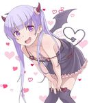  2016 bangs bare_shoulders bent_over black_legwear blush dated demon_tail demon_wings downblouse eyebrows eyebrows_visible_through_hair fang frills hands_on_own_knees heart heart_tail horns long_hair looking_at_viewer new_game! off_shoulder open_mouth purple_eyes purple_hair rkrk signature solo strap_slip suzukaze_aoba tail thighhighs twintails v_arms wings 