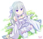  bad_id bad_pixiv_id bare_shoulders breasts cleavage detached_sleeves dress emilia_(re:zero) flower hair_flower hair_ornament long_hair looking_at_viewer pointy_ears purple_eyes re:zero_kara_hajimeru_isekai_seikatsu silver_hair sketch small_breasts solo thighhighs tochibi white_legwear 