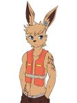  2016 alpha_channel blue_eyes clothing ear_piercing frown fur lagomorph lifejacket looking_at_viewer male mammal muscular muscular_male navel pants pecs piercing rabbit repeat_(visual_novel) shirokoi simple_background sissel_(repeat) solo tan_fur tattoo transparent_background 