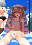  alternate_costume back beach_chair bikini bikini_pull blonde_hair blush bow breasts broom cleavage cloud collarbone come_hither day flandre_scarlet from_behind half-closed_eyes hat hat_ribbon izayoi_sakuya kirisame_marisa licking_lips long_hair looking_at_viewer mob_cap multiple_girls nail_polish naughty_face navel no_wings nose_blush off_shoulder open_mouth outdoors pulled_by_self red_bow red_eyes red_nails red_ribbon ribbon short_hair side_ponytail silver_hair sitting small_breasts solo_focus spread_legs stomach strap_pull strap_slip swimsuit thighhighs tianlluo tongue tongue_out touhou tray white_bikini white_legwear witch_hat 