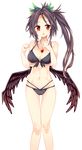  :o ass_visible_through_thighs bare_legs bikini black_bikini black_hair black_wings blush bow breasts cleavage collarbone eyebrows eyebrows_visible_through_hair front-tie_bikini front-tie_top green_bow groin hair_bow highres jewelry long_hair looking_at_viewer maturiuta_sorato md5_mismatch medium_breasts multi-strapped_bikini navel o-ring o-ring_top pendant red_eyes reiuji_utsuho sidelocks simple_background skinny solo standing swimsuit thigh_gap touhou white_background wings 