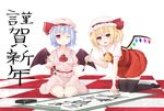  :d ;) ascot bat_wings black_legwear blonde_hair blue_hair blush brooch calligraphy_brush checkered checkered_floor commentary_request crystal flandre_scarlet full_body hat hat_ribbon highres jewelry kneeling looking_at_viewer mob_cap multiple_girls new_year one_eye_closed open_mouth over-kneehighs paintbrush pink_shirt pink_skirt puffy_short_sleeves puffy_sleeves red_eyes red_ribbon red_shirt red_skirt remilia_scarlet ribbon scroll shirt short_sleeves siblings side_ponytail sisters skirt skirt_set smile surota thighhighs touhou translated wings 