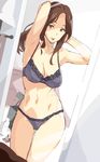  adjusting_hair black_bra black_panties bra breasts brown_eyes brown_hair cleavage contrapposto hair_tie highres kimi_no_na_wa large_breasts long_hair mirror mouth_hold navel okudera_miki panties pokkora reflection solo standing tying_hair underwear 