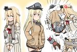  2girls alternate_costume anchor anger_vein atsushi_(aaa-bbb) bare_shoulders bismarck_(kantai_collection) blonde_hair blue_eyes blush braid breasts brown_gloves cardigan cleavage corset crown detached_sleeves dress flower flying_sweatdrops french_braid full-face_blush gloves grey_legwear hair_between_eyes hairband hands_in_pockets hat highres jewelry kantai_collection large_breasts long_hair long_sleeves looking_at_another military military_hat military_uniform mini_crown multiple_girls necklace off_shoulder peaked_cap red_flower red_ribbon red_rose ribbon rose scarf sweater thighhighs throwing tsundere uniform warspite_(kantai_collection) white_dress 