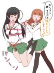  ahoge bangs black_hair black_legwear blunt_bangs blush brown_hair closed_eyes girls_und_panzer green_skirt highres isuzu_hana jumping long_hair midriff multiple_girls navel no_shoes ooarai_school_uniform open_mouth school_uniform serafuku shibari sketch skirt takebe_saori thighhighs translated tsuki_ni_kawatte_oshioki_yo unpale yuri zettai_ryouiki 