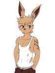  2016 alpha_channel areola blue_eyes blush clothing ear_piercing embarrassed frown fur lagomorph looking_away male mammal pants piercing rabbit repeat_(visual_novel) shirokoi shirt simple_background sissel_(repeat) solo tan_fur tank_top tattoo torn_clothing transparent_background 