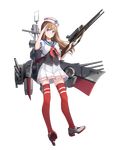  absurdres blue_eyes brown_hair chain character_name cleavage_cutout full_body gun headgear highres holding holding_gun holding_weapon long_hair looking_at_viewer machinery northampton_(zhan_jian_shao_nyu) official_art pleated_skirt puffy_short_sleeves puffy_sleeves red_legwear rigging sailor_collar salute short_sleeves shuang_ye skirt smile solo thighhighs transparent_background weapon white_skirt zettai_ryouiki zhan_jian_shao_nyu 