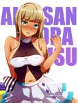  alessandra_susu aqua_eyes bare_shoulders blonde_hair blush bow breasts bustier character_name covered_nipples earrings hadome hair_twirling halterneck highres jewelry large_breasts long_hair looking_at_viewer navel parted_lips skindentation skirt solo tan tanline tokyo_7th_sisters 