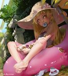  artist_name bakemonogatari barefoot bean_bag_chair blonde_hair dappled_sunlight day doughnut dress fangs feet food food_in_mouth full_body grass hat highres leaf long_hair looking_at_viewer monogatari_(series) mouth_hold oshino_shinobu outdoors pointy_ears sandals sandals_removed shade sitting skirt_hold solo sun_hat sundress sunlight teemu_rasinkangas tree_shade vampire white_dress yellow_eyes 