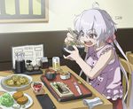 ahoge bowl buttons casual chair chewing chopsticks crumbs cup curry drinking_glass eating eyebrows eyebrows_visible_through_hair fish food frills glass hair_ornament hair_scrunchie long_hair low_twintails menu_board pepper_shaker pink_shirt plate purple_eyes restaurant rice scrunchie senki_zesshou_symphogear shirt signature sitting sleeveless solo sushi table tonkatsu tray twintails tyuga very_long_hair white_hair yukine_chris 