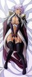  absurdres breasts cape cleavage dakimakura dark_skin elbow_gloves gloves highres kyonyuu_fantasy large_breasts looking_at_viewer lying open_mouth purple_hair q-gaku red_eyes short_hair smile solo 