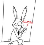  2016 anthro black_and_white clothed clothing disney english_text fully_clothed fur jack_savage kneeling lagomorph lockpicking long_ears male mammal monochrome necktie onomatopoeia rabbit simple_background solo sound_effects surprise text the_weaver white_background wide_eyed zootopia 
