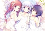  absurdres backless_dress backless_outfit bare_back bed_sheet black_hair blue_eyes braid brown_eyes brown_hair chimame-tai collarbone dress eyebrows eyebrows_visible_through_hair flat_chest flower frilled_pillow frills from_above girl_sandwich gochuumon_wa_usagi_desu_ka? hair_flower hair_ornament hand_on_another's_stomach hands_on_own_chest highres huge_filesize jouga_maya kafuu_chino long_hair lying multiple_girls natsu_megumi on_back on_side open_mouth pillow sandwiched shiratama_(shiratamaco) short_hair silver_hair sundress twin_braids white_dress wrist_cuffs yellow_eyes 