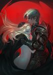  1girl armor artstation_sample back blonde_hair cape clothed_male_nude_female commentary cradling_head eunyoung_jeon fantasy full_armor gauntlets hug image_sample lips long_hair naked_cape nose nude original pale_skin plate_armor vampire 