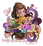  baby_bottle bare_shoulders bottle brown_hair commentary dark_skin earrings facial_tattoo flower green_eyes hair_ornament heart hug illaoi jewelry league_of_legends long_hair mother's_day one_eye_closed pacifier pink_eyes shirt signature sleeveless sleeveless_shirt sueyen tattoo tentacles vel'koz wrist_guards 
