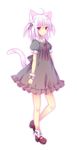  :&lt; ahoge animal_ears black_bow black_dress blush bow cat_ears cat_tail choker dress highres hinamushi_(shokuyou) looking_at_viewer original puffy_short_sleeves puffy_sleeves purple_hair red_bow red_eyes red_footwear red_ribbon ribbon shoes short_sleeves simple_background solo tail wrist_cuffs 