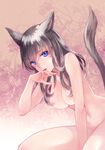  animal_ears between_legs blue_eyes breasts brown_hair cat_ears cat_tail cleavage eyebrows eyebrows_visible_through_hair final_fantasy final_fantasy_xiv hair_censor hand_between_legs hand_on_own_face lips long_hair looking_at_viewer medium_breasts miqo'te navel nude open_mouth solo tail takatsuki_kahiro whisker_markings 