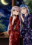  :d adjusting_hair alternate_costume alternate_hairstyle blue_hair crescent_moon eating floral_print food_in_mouth fujiwara_no_mokou full_moon hand_in_another's_hair hand_on_lap highres japanese_clothes kamishirasawa_keine kimono leaning_over long_hair looking_at_another low_twintails moon multiple_girls night night_sky obi open_mouth outdoors sash satomi_nori senbei sidelocks silver_hair sitting sky smile star_(sky) touhou tray tree twintails tying_hair very_long_hair yellow_eyes yukata 