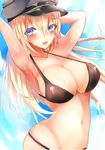  armpits arms_up bikini bismarck_(kantai_collection) black_bikini blonde_hair blue_eyes breasts cleavage day hair_between_eyes hat highres kantai_collection large_breasts long_hair looking_at_viewer navel open_mouth shiny shiny_clothes sky solo swimsuit tea_texiamato wet 