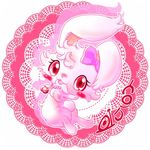  &lt;3 blush bow cute female fluffy jewelpet jewelry jumping lagomorph looking_at_viewer mammal necklace rabbit red_eyes ruby_(jewelpet) simple_background text unknown_artist 