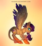  cutie_mark equine eyelashes fan_character feathered_wings feathers female feral fur gradient_feathers green_eyes hair hooves hybrid ka-samy mammal my_little_pony pegasus purple_feathers purple_hair simple_background smile solo standing tan_fur wings 