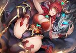  breasts cleavage crown dragon highres horns large_breasts long_hair puzzle_&amp;_dragons red_hair scarlet_(p&amp;d) solo spread_legs suoni_(deeperocean) thighhighs yellow_eyes 