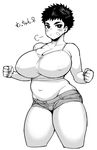  =3 bare_shoulders belly blush breasts cleavage cropped_legs curvy dekkano!! denim denim_shorts genderswap genderswap_(mtf) greyscale highres huge_breasts looking_at_viewer midriff monochrome mucchan navel plump short_hair short_shorts shorts simple_background solo synecdoche thick_thighs thighs tomboy translated very_short_hair white_background 