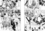  aircraft_carrier_hime arm_up bike_shorts clenched_teeth comic explosion eyepatch gloves greyscale hair_ribbon hat kagerou_(kantai_collection) kantai_collection kiso_(kantai_collection) kuroshio_(kantai_collection) machinery masukuza_j monochrome multiple_girls neck_ribbon partially_translated ponytail rain ribbon school_uniform shaded_face shinkaisei-kan shiranui_(kantai_collection) short_sleeves shorts shorts_under_skirt speech_bubble teeth thigh_strap translation_request twintails vest 