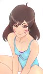  1girl bare_shoulders breasts brown_eyes brown_hair cleavage d.va_(overwatch) highres light_smile looking_at_viewer overwatch small_breasts smile solo superboin thighs white_background 