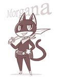  2016 anthro bandanna belt cat feline fur greyscale grin inner_ear_fluff mammal megami_tensei melee_weapon monochrome morgana_(persona) multicolored_fur persona persona_5 simple_background solo standing sword theartmanor two_tone_fur weapon white_background 