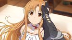  1girl :_code_register absurdres asuna_(sao) bed black_gloves brown_eyes brown_hair collarbone fingerless_gloves game_cg gloves highres indoors kirito long_hair looking_at_viewer official_art smile sword_art_online sword_art_online:_hollow_realization 