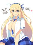  absurdres between_breasts blonde_hair blue_neckwear blue_ribbon blue_skirt blush breasts center_opening commentary_request covered_nipples english flying_sweatdrops grey_eyes grin hair_ribbon hairband highres katsuragi_(senran_kagura) large_breasts long_hair looking_at_viewer nas_(z666ful) navel necktie necktie_between_breasts no_bra open_clothes open_shirt plaid plaid_skirt ribbon senran_kagura senran_kagura_shoujo-tachi_no_shin'ei shirt short_sleeves sidelocks skirt smile solo stomach white_background white_shirt 